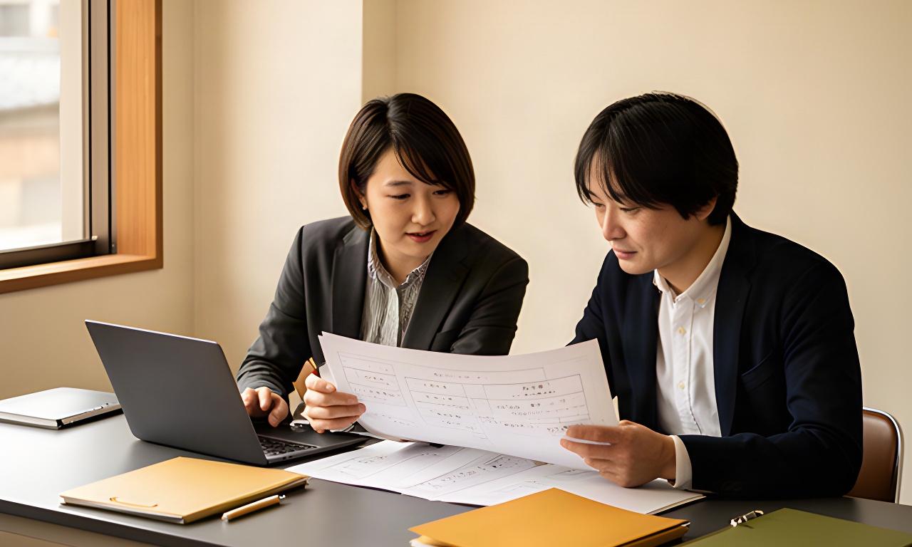 業務の資料を囲み、改善の進め方を話し合う小規模企業の担当者