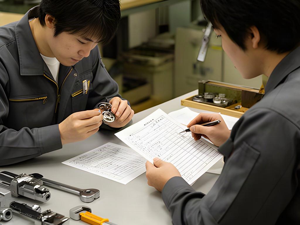 製造現場で部品を確認しながら検品記録を見直す担当者