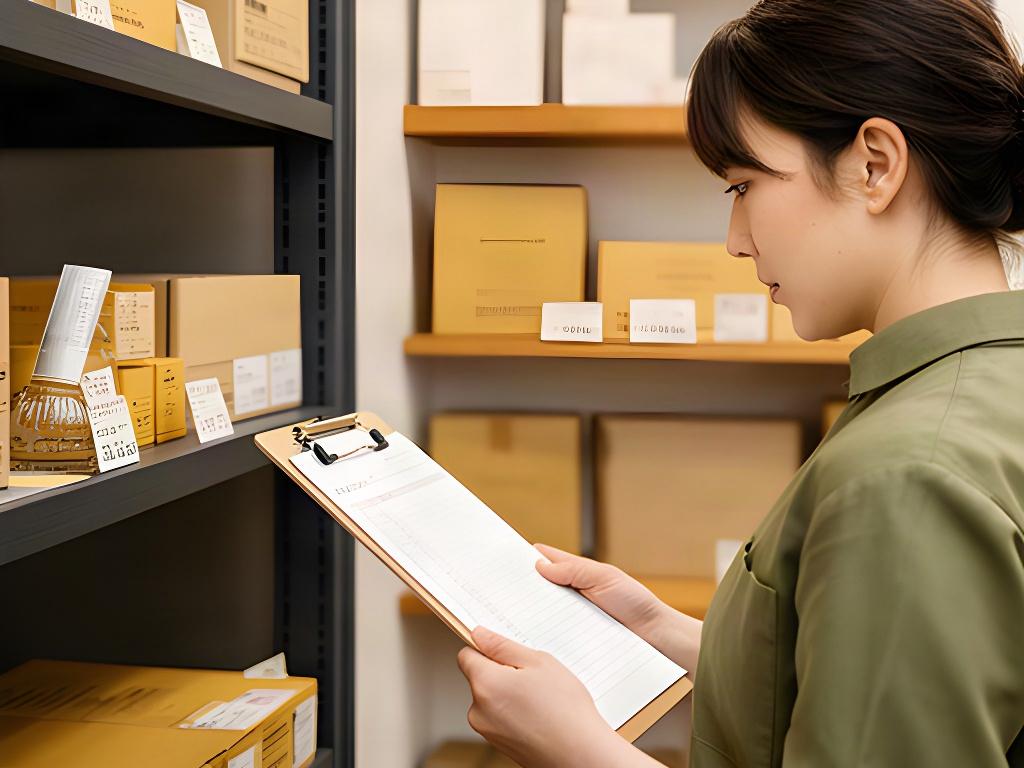 店舗の担当者が商品棚と在庫資料を照らし合わせる様子